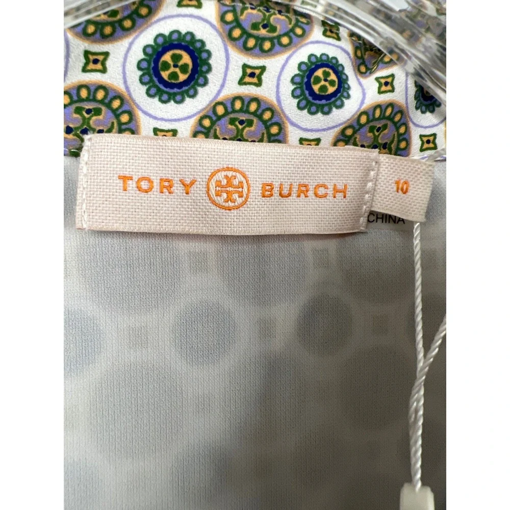 Tory Burch Cora Shirt Dress Women 10 White Geometric Medallion Long Sleeve New